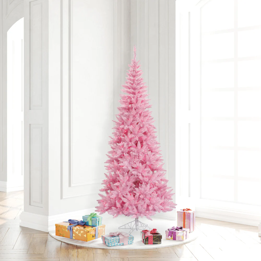 6'6"Hx34"W Slim Fir Artificial Christmas Tree, LED Pre-Lit (Pink) -Pink - Image 3