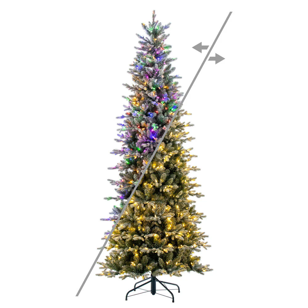 6'6"Hx36"W PE Frosted Slim Wistler Spruce Artificial Christmas Tree, LED Pre-Lit (Multi-Mode) -White/Green