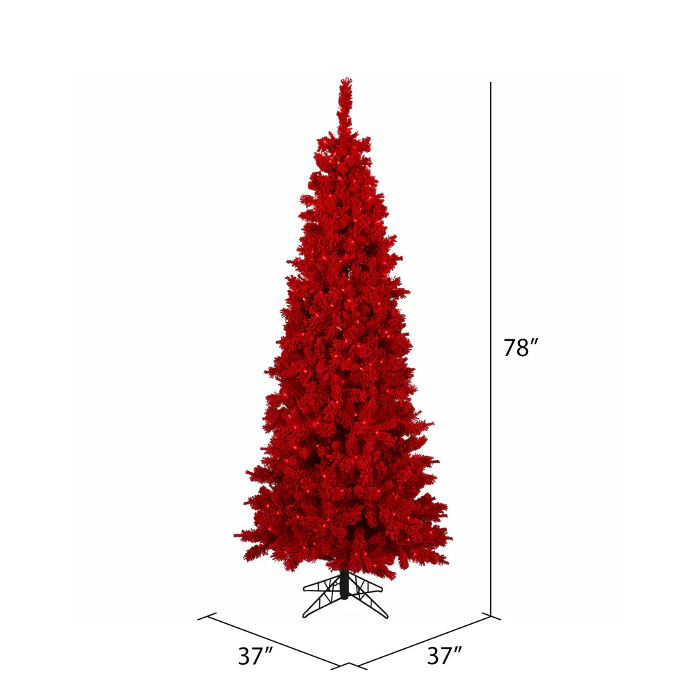 6'6"Hx37"W Flocked Slim Fir Artificial Christmas Tree, LED Pre-Lit (Red) -Red - Image 2