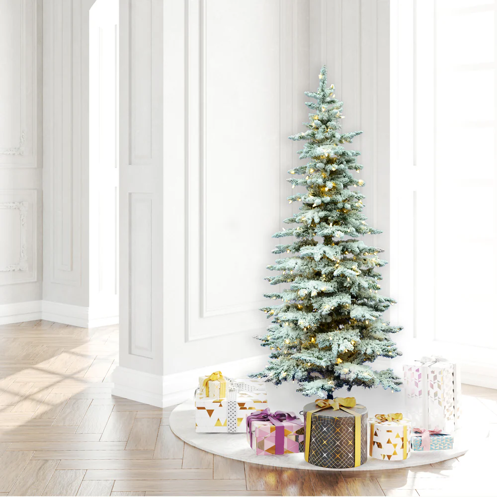 6'6"Hx39"W Flocked Slim Utica Fir Artificial Christmas Tree, LED Pre-Lit -White/Green - Image 7