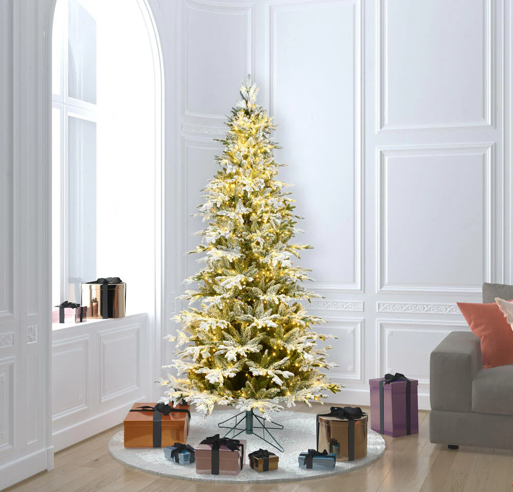 6'6"Hx42"W PE Slim Flocked Kamas Fraser Fir Artificial Christmas Tree, LED Pre-Lit -White/Green - Image 3