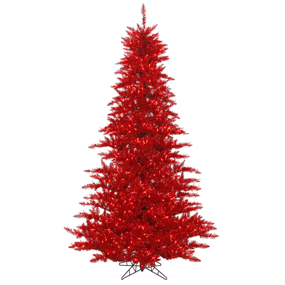 6'6"Hx46"W Tinsel Fir Artificial Christmas Tree, LED Pre-Lit (Red) -Red