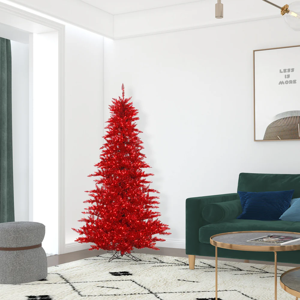 6'6"Hx46"W Tinsel Fir Artificial Christmas Tree, LED Pre-Lit (Red) -Red - Image 3
