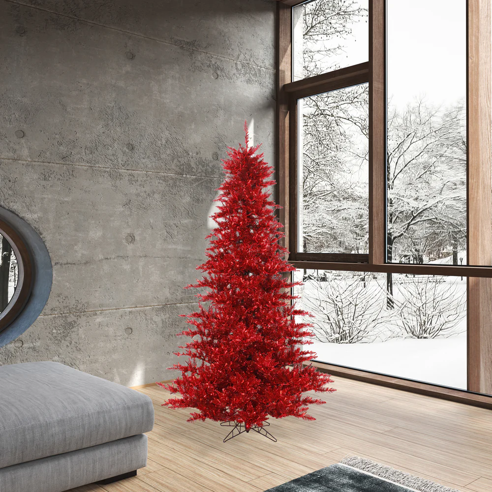 6'6"Hx46"W Tinsel Fir Artificial Christmas Tree, Unlit -Red - Image 4