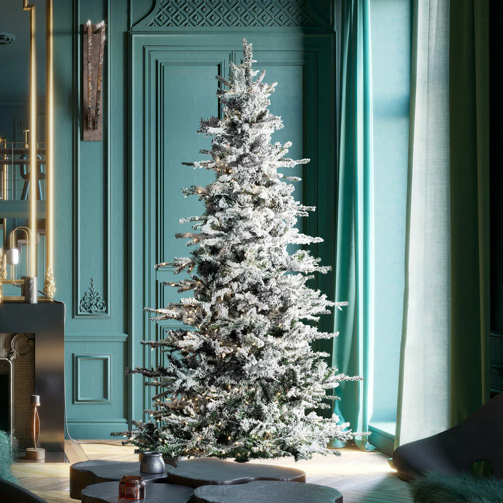 6'6"Hx48"W Flocked Sierra Artificial Christmas Tree, LED Pre-Lit -White/Green - Image 7