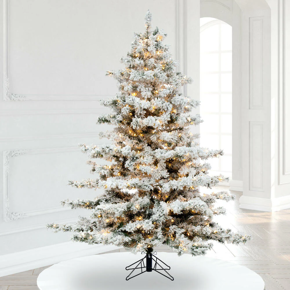 6'6"Hx62"W Flocked Alaskan Pine Artificial Christmas Tree, LED Pre-Lit -White - Image 6