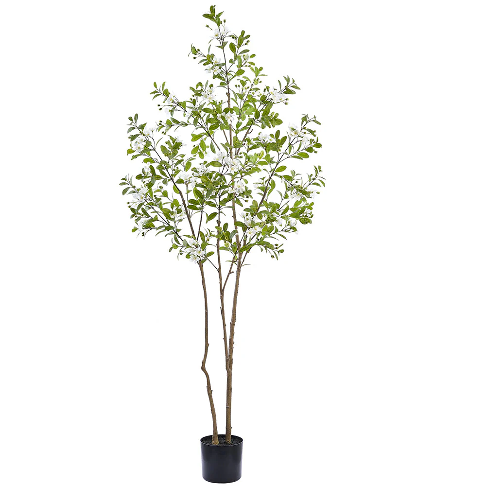 6'9" Flowering Rose Myrtle Leaf Silk Tree w/Plastic Pot -White