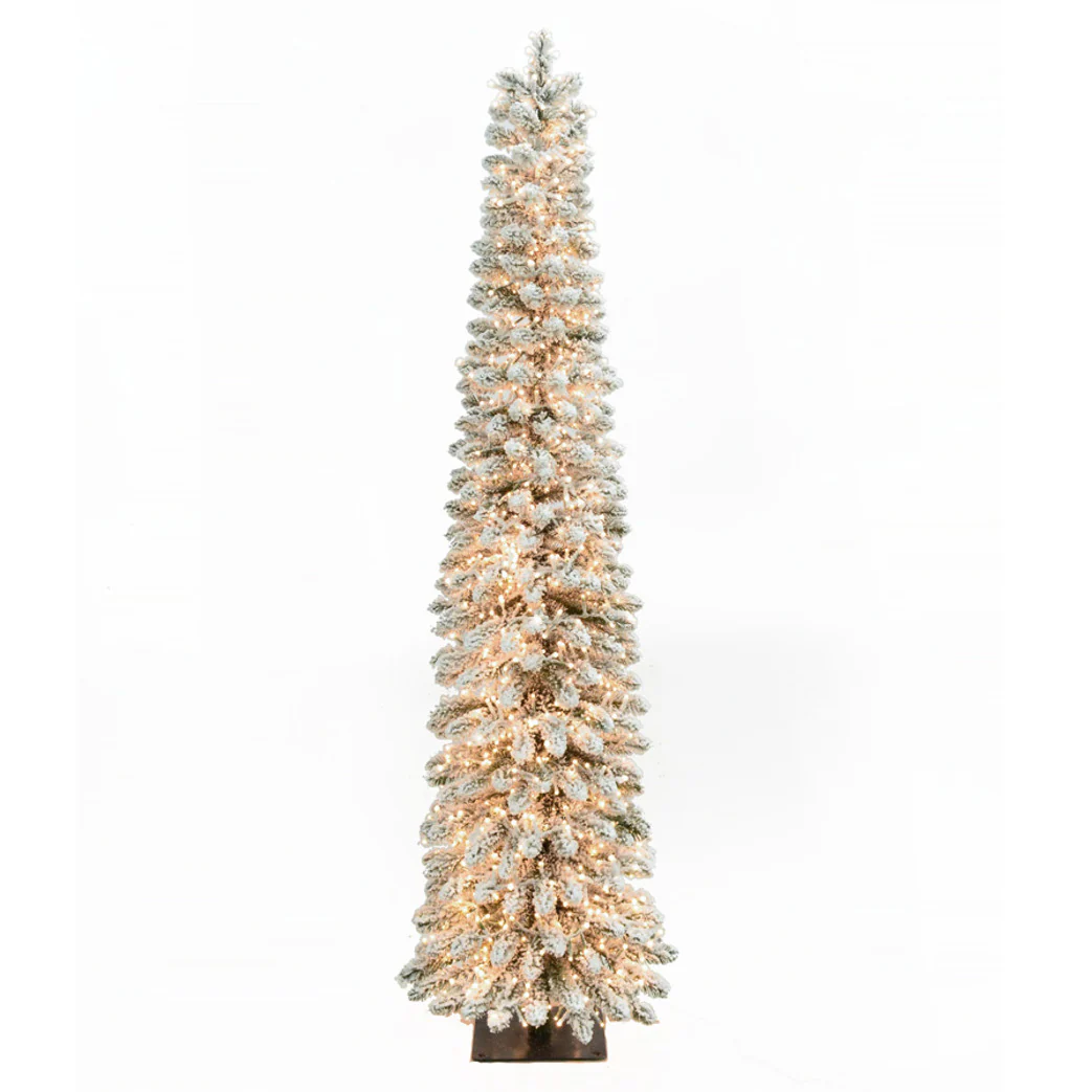 6'Hx19"W Flocked Pencil Alpine Artificial Christmas Tree, Micro LED Pre-Lit (Warm White, Multi-Mode) -White/Green