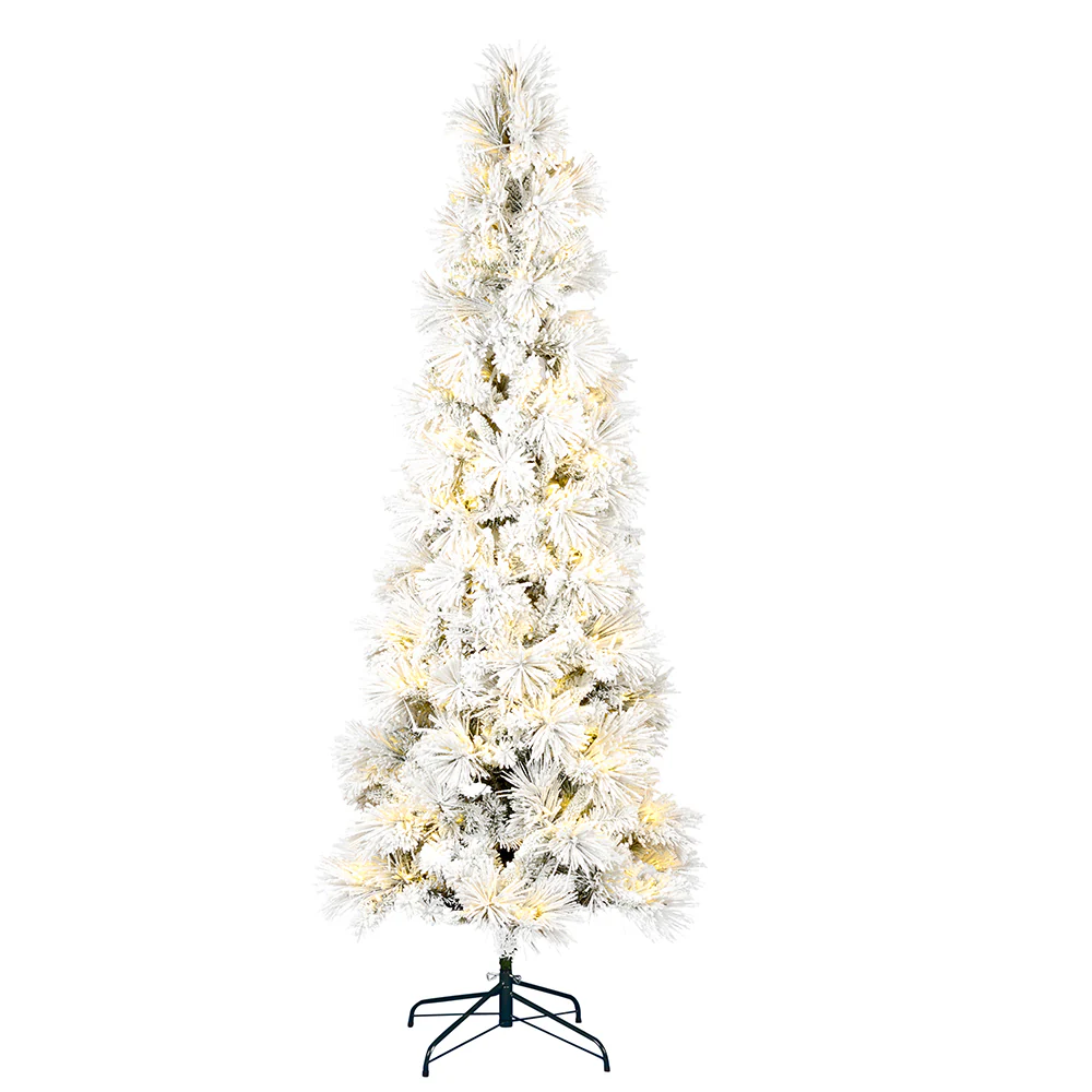 6'Hx30"W Flocked Pencil Atka Pine Artificial Christmas Tree, LED Pre-Lit -White