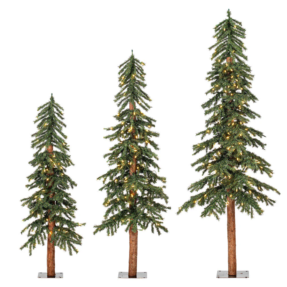 6'Hx33"W Set Of Natural Trunk Alpine Artificial Christmas Trees, LED Pre-Lit -Green