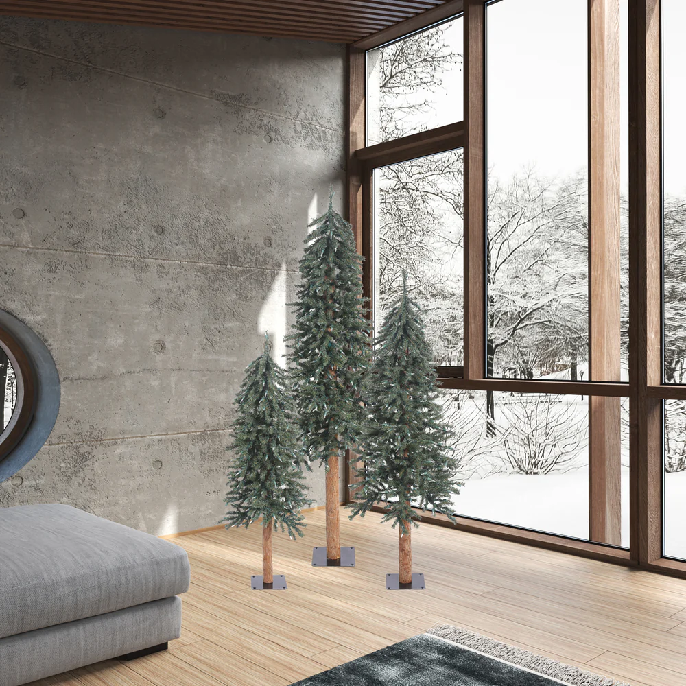 6'Hx33"W Set Of Natural Trunk With Bark Alpine Artificial Christmas Trees, Unlit -Green - Image 4