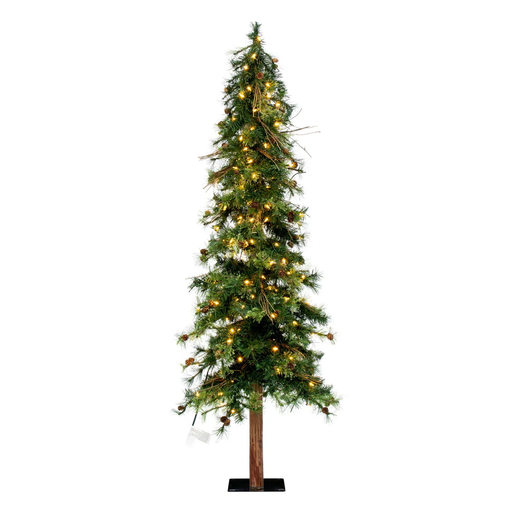 6'Hx36"W Mixed Country Artificial Alpine Tree w/Pinecone & Grapevine, LED Pre-Lit -Green/Brown