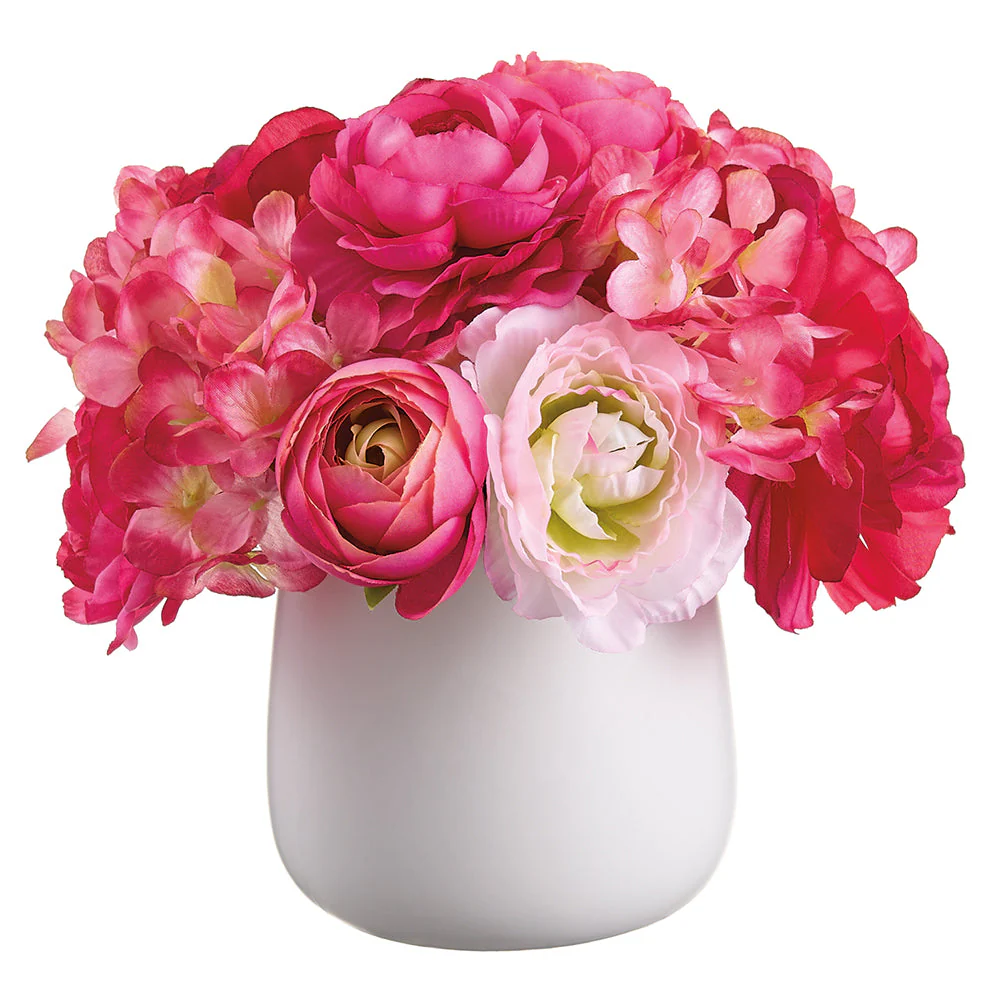 7.5" Ranunculus & Hydrangea Silk Flower Arrangement w/Ceramic Vase -Beauty/Pink (Pack of 6)