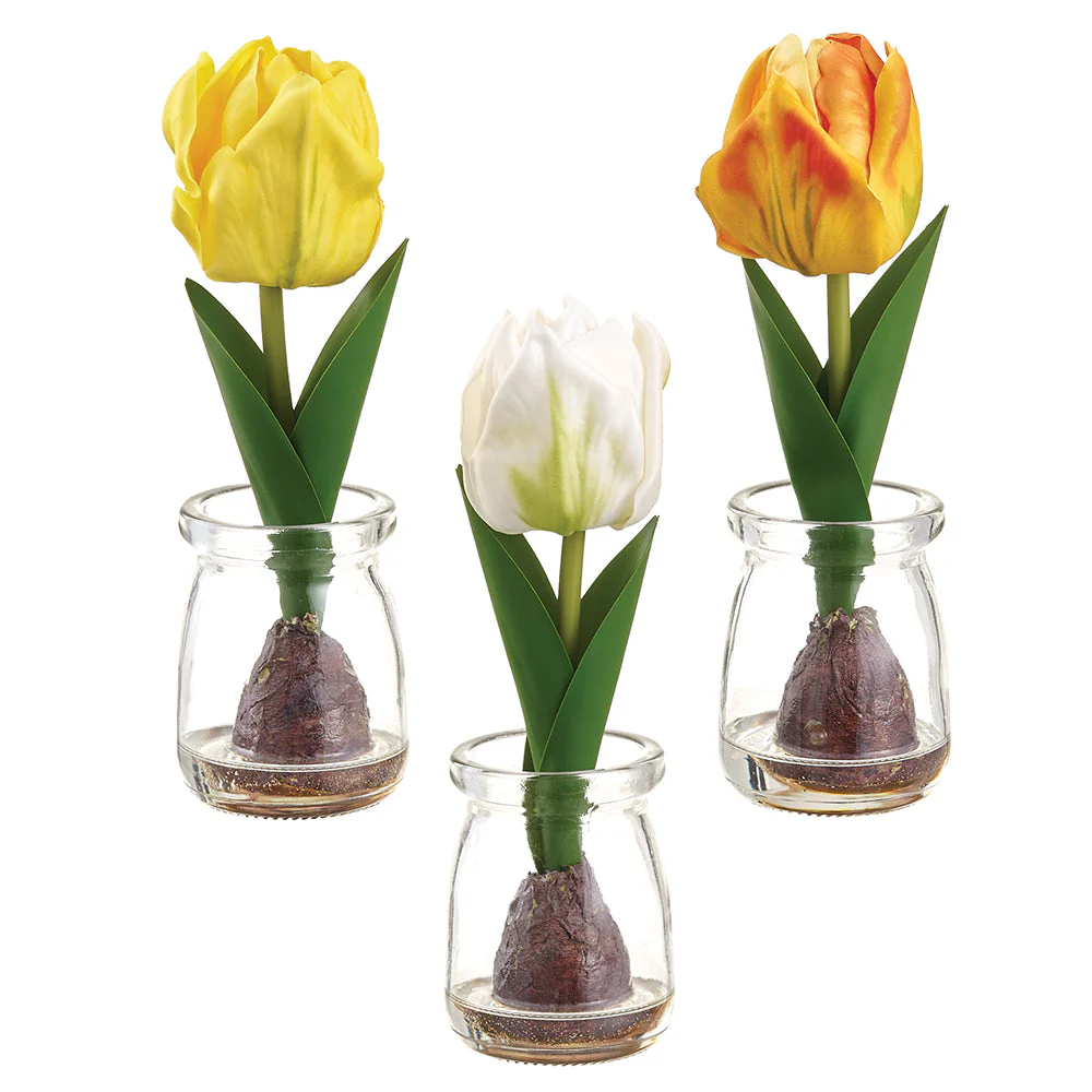 7.5" Set Of Tulips & Bulb Silk Flower Arrangements w/Glass Vase -Yellow/Orange