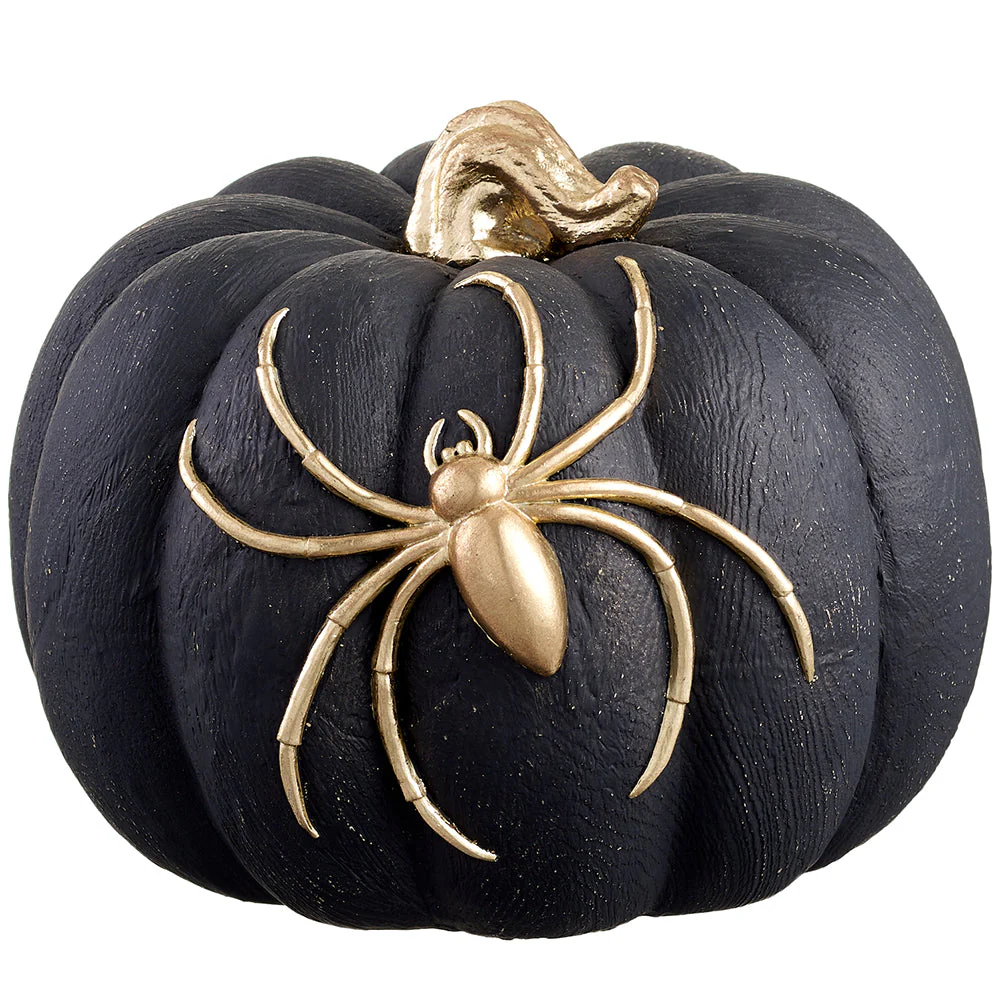 7" Artificial Halloween Spider Pumpkin -Black/Gold (Pack of 4)