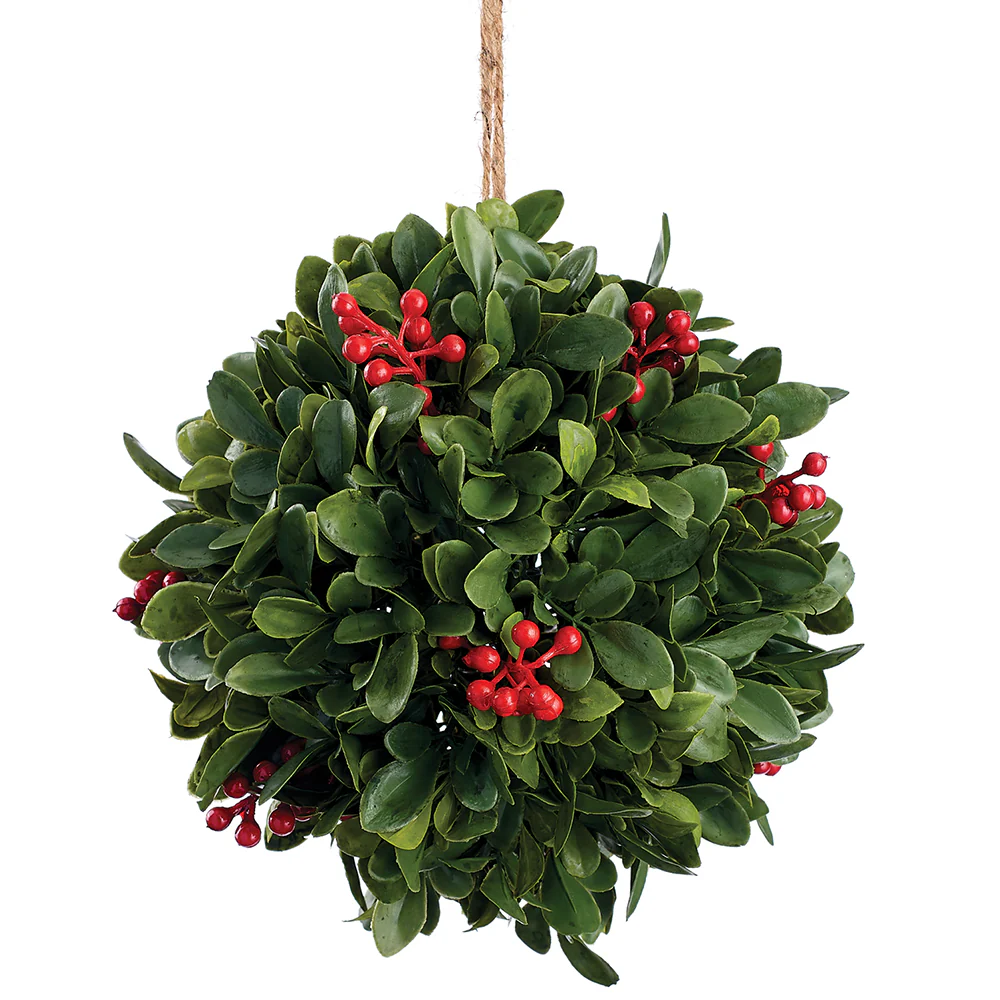 7" Holiday Boxwood & Berry Ball-Shaped Artificial Topiary -Green/Red (Pack of 4)