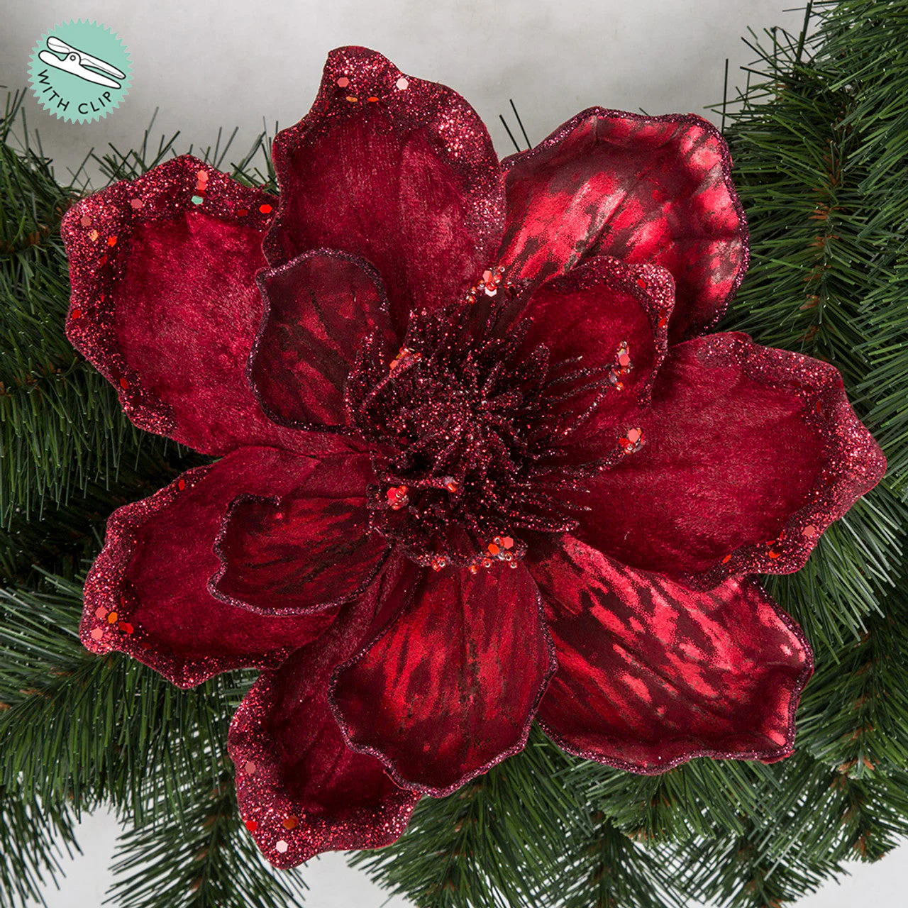 7" Metallic & Glittered Artificial Magnolia Clip-On Velvet Flower -Burgundy (Pack of 12)