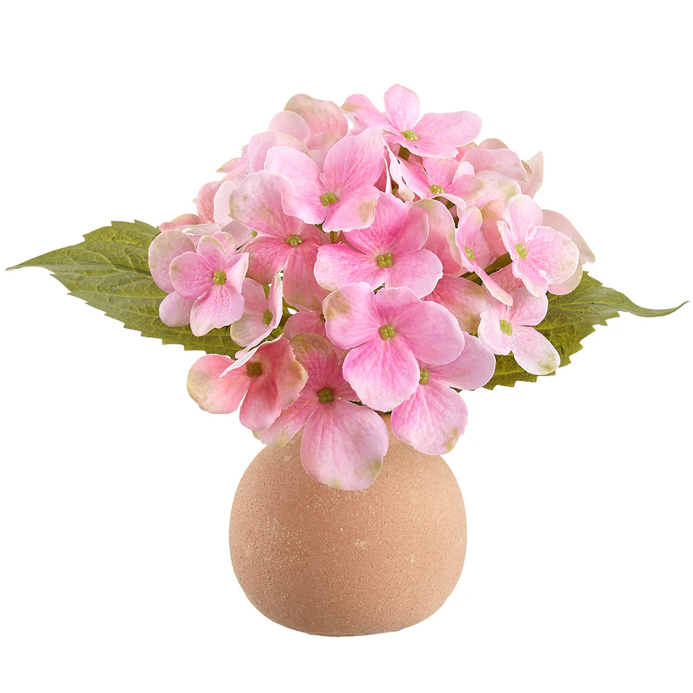 7" Real Touch Hydrangea Silk Flower Arrangement w/Terra Cotta Vase -Pink (Pack of 9)