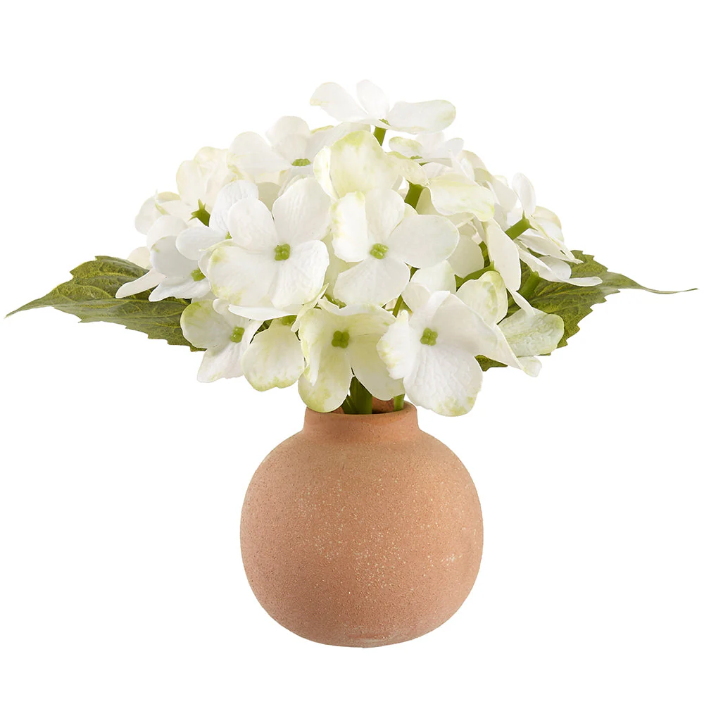 7" Real Touch Hydrangea Silk Flower Arrangement w/Terra Cotta Vase -White (Pack of 9)