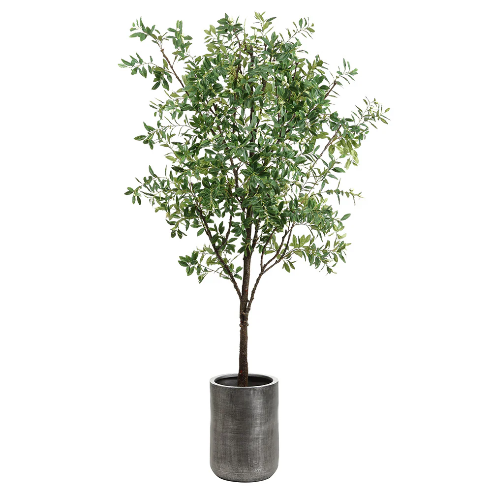 7'10" Budding Azalea Silk Flowering Tree w/Textured Zinc Planter -Green/White
