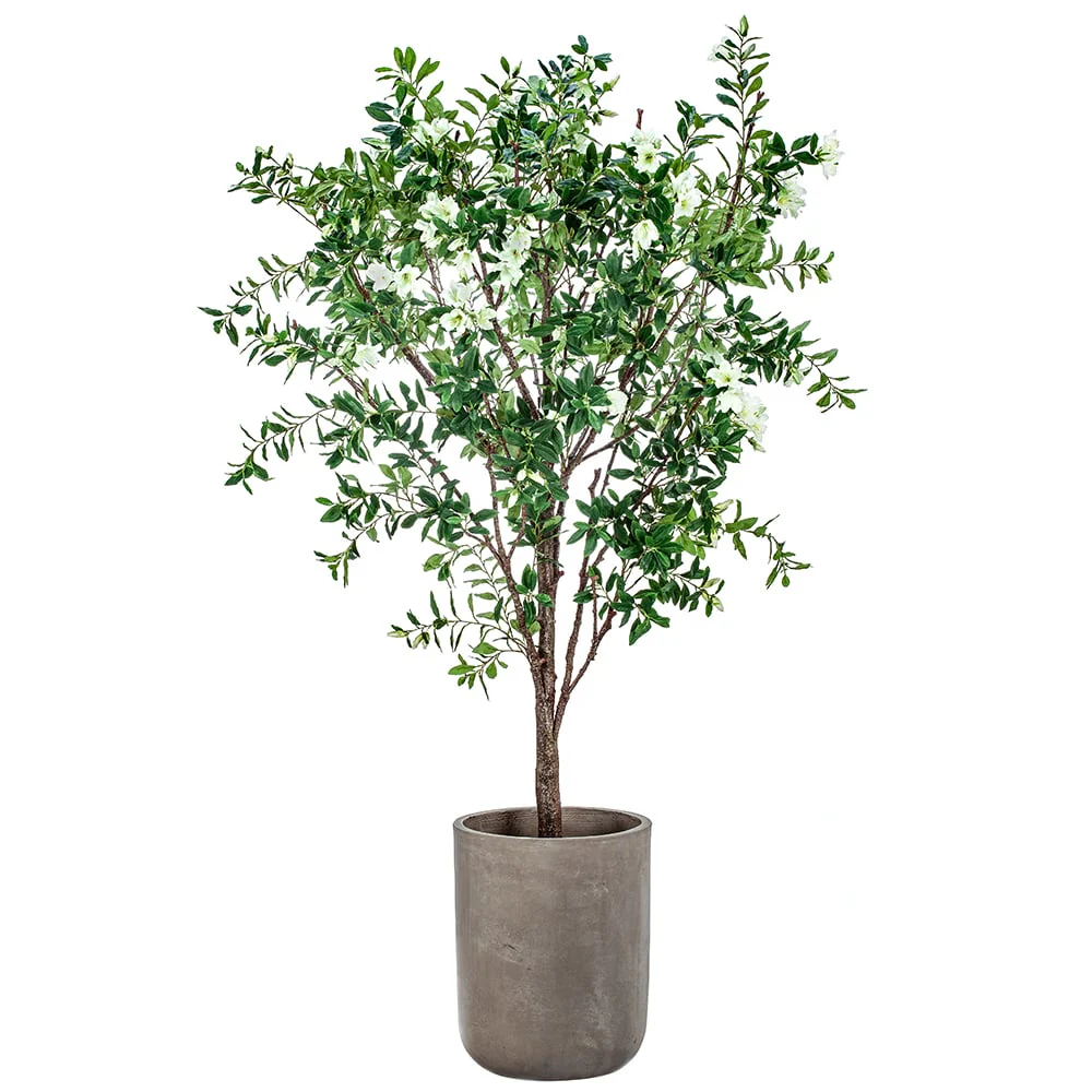 7'4" Blooming Azalea Silk Flowering Tree w/Textured Metal Planter -White