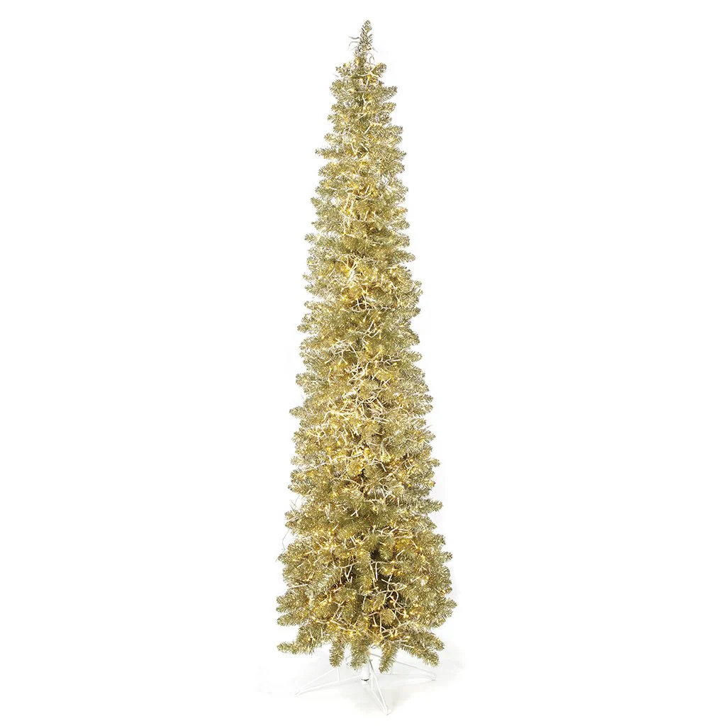 7'6"Hx24"W Tinsel Sparkling Champagne Pencil Artificial Christmas Tree, Micro LED Pre-Lit -Champagne