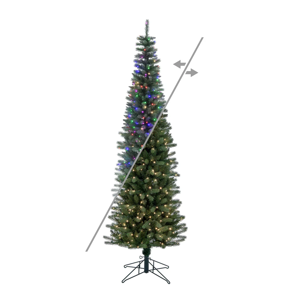 7'6"Hx30"W PE Pencil Frosted Provo Pine Artificial Christmas Tree, Micro LED Pre-Lit (Multi-Mode) -Green/White