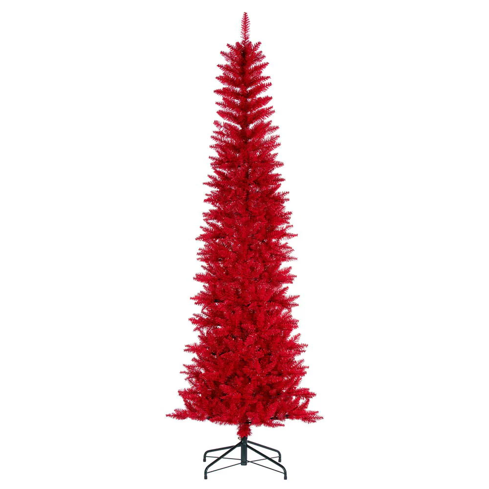 7'6"Hx32"W Pencil Artificial Christmas Tree, Unlit -Red