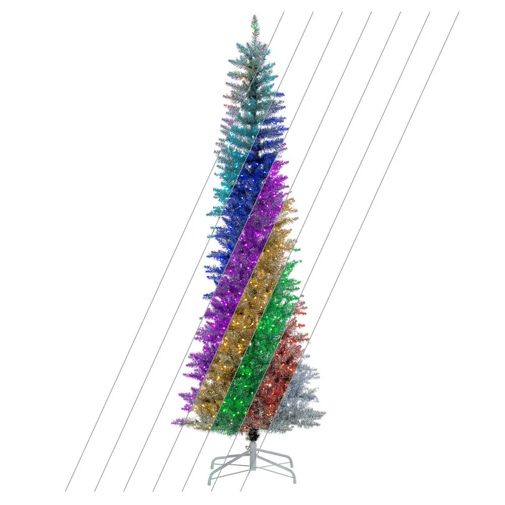7'6"Hx32"W Tinsel Pencil Artificial Christmas Tree, RGB LED Pre-Lit (Multi-Mode) -Silver