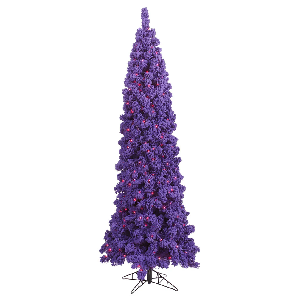 7'6"Hx35"W Flocked Pencil Fir Artificial Christmas Tree, LED Pre-Lit (Purple) -Purple