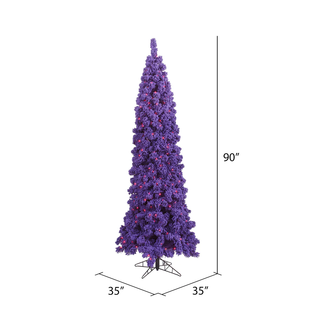 7'6"Hx35"W Flocked Pencil Fir Artificial Christmas Tree, LED Pre-Lit (Purple) -Purple - Image 2