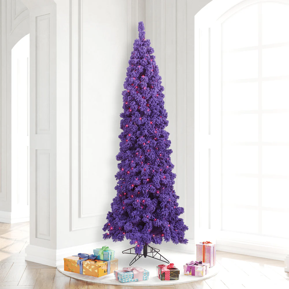 7'6"Hx35"W Flocked Pencil Fir Artificial Christmas Tree, LED Pre-Lit (Purple) -Purple - Image 3