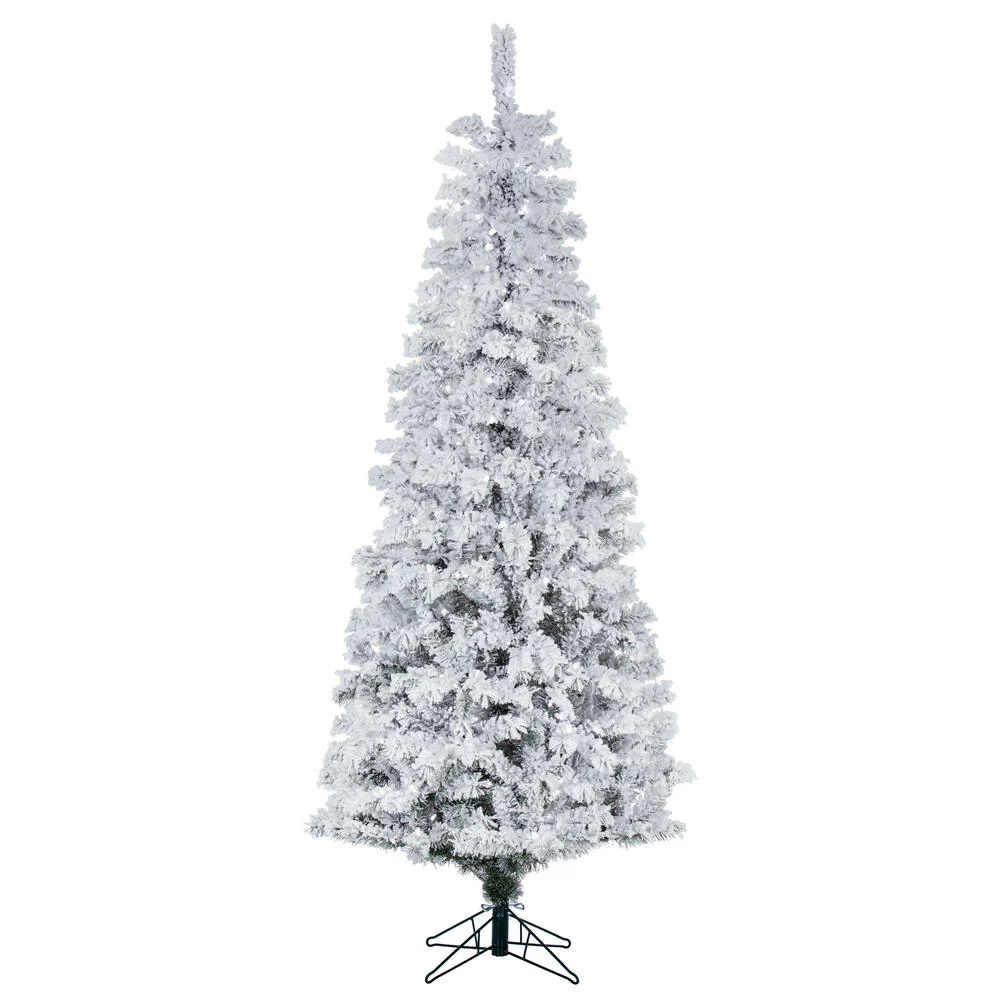 7'6"Hx36"W Flocked Pencil Pacific Pine Artificial Christmas Tree, LED Pre-Lit -White