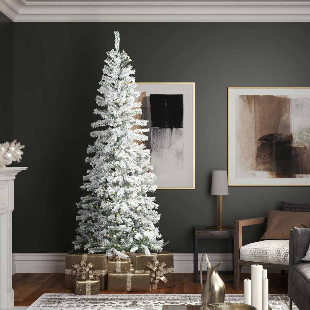 7'6"Hx36"W Flocked Pencil Pacific Pine Artificial Christmas Tree, Unlit -White - Image 6