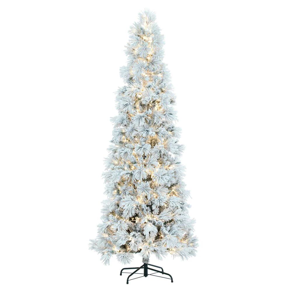 7'6"Hx37"W Flocked Pencil Atka Pine Artificial Christmas Tree, Micro LED Pre-Lit -White