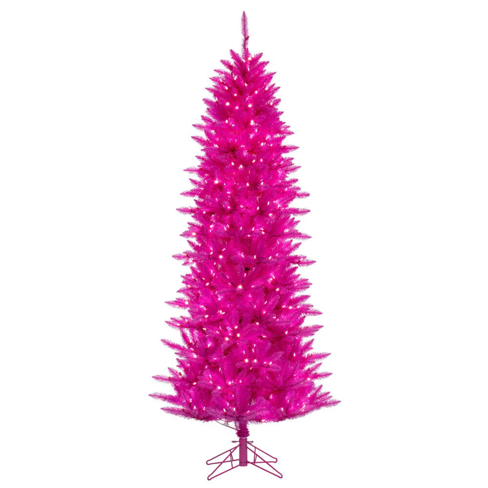 7'6"Hx40"W Fir Artificial Christmas Tree, LED Pre-Lit (Pink) -Hot Pink