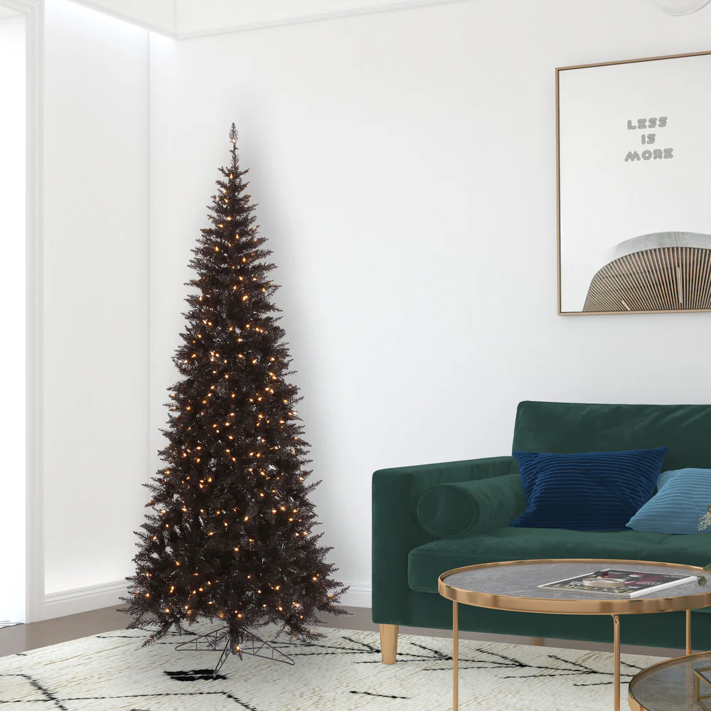 7'6"Hx40"W Slim Fir Artificial Christmas Tree, LED Pre-Lit -Black - Image 3
