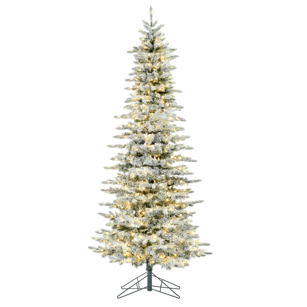 7'6"Hx43"W Flocked Slim Utica Fir Artificial Christmas Tree, LED Pre-Lit -White/Green
