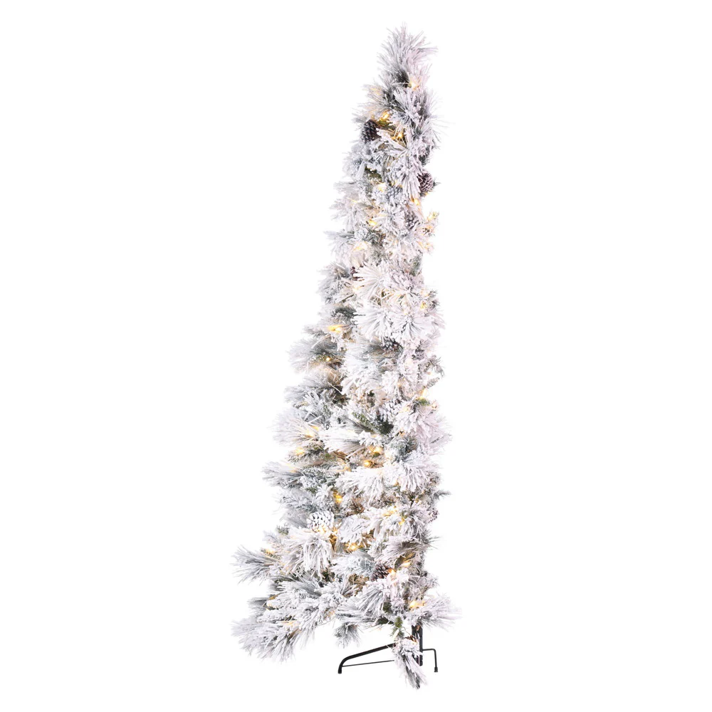 7'6"Hx48"W Half-Tree/Wall Flocked Slim Atka Pine Artificial Christmas Tree, LED Pre-Lit -White - Image 2