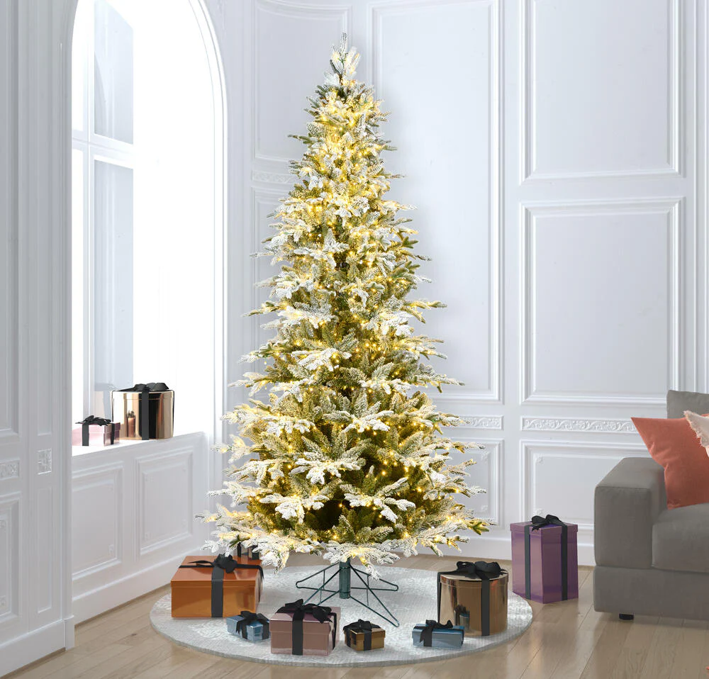 7'6"Hx48"W PE Slim Flocked Kamas Fraser Fir Artificial Christmas Tree, LED Pre-Lit -White/Green - Image 3