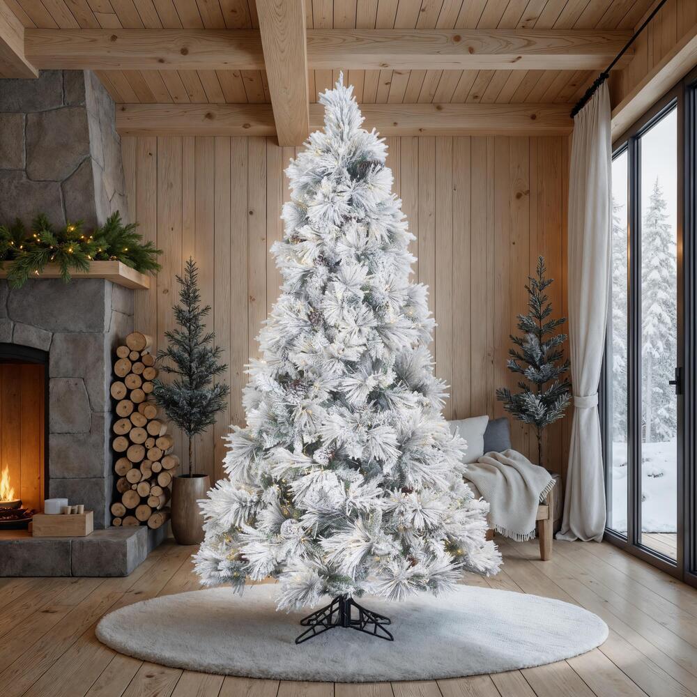 7'6"Hx49"W Flocked Slim Atka Pine Artificial Christmas Tree, Micro LED Pre-Lit -White - Image 6