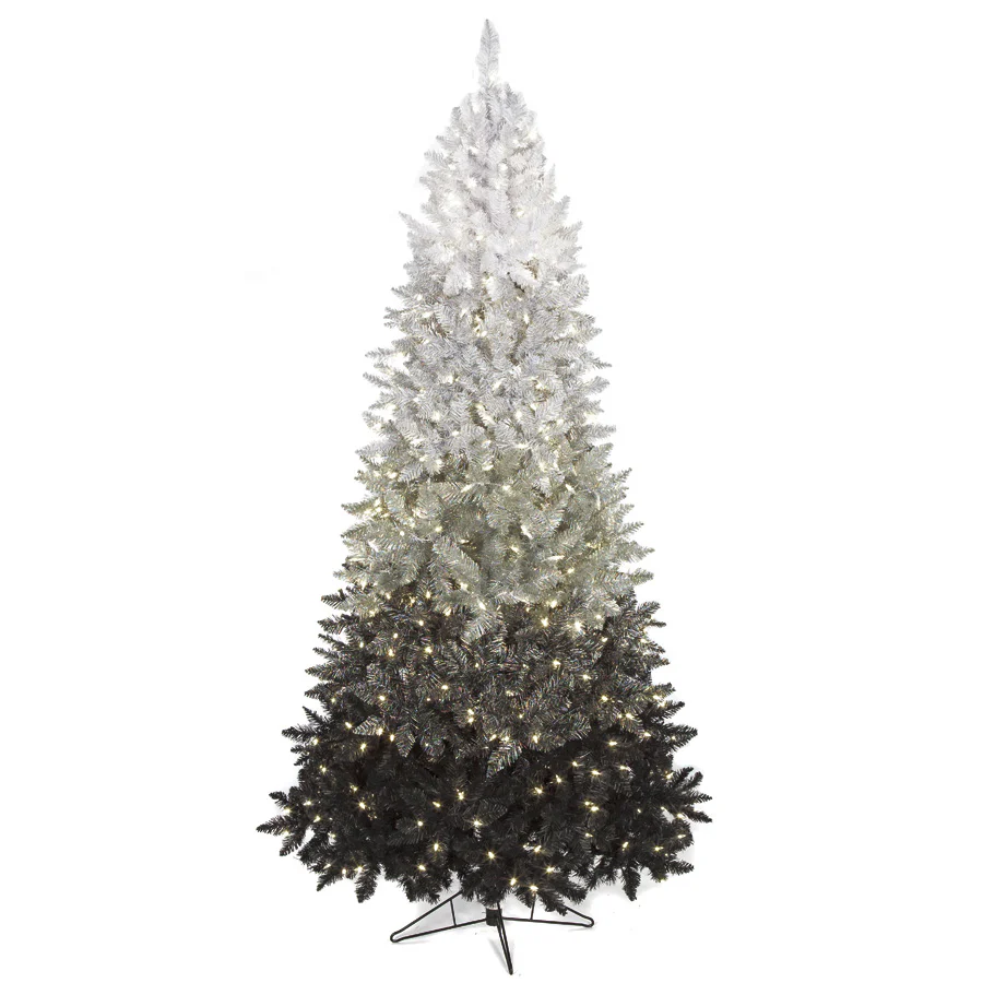 7'6"Hx50"W Tinsel Ombre Artificial Christmas Tree, LED Pre-Lit -Black/Silver/White