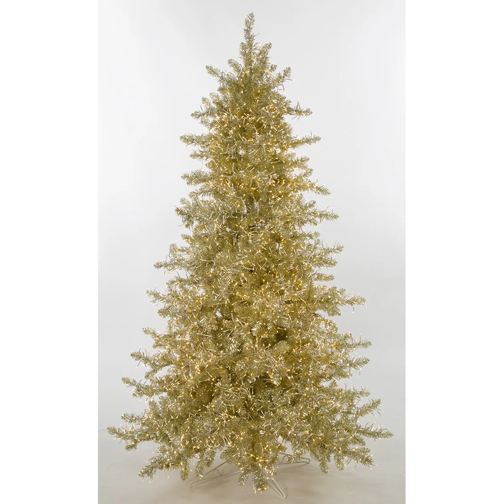 7'6"Hx55"W Tinsel Sparkling Champagne Artificial Christmas Tree, Micro LED Pre-Lit -Champagne
