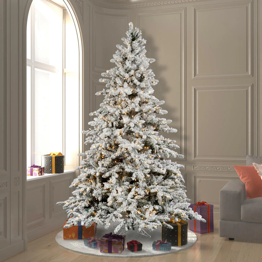 7'6"Hx65"W Flocked Utica Fir Artificial Christmas Tree, LED Pre-Lit -White/Green - Image 7
