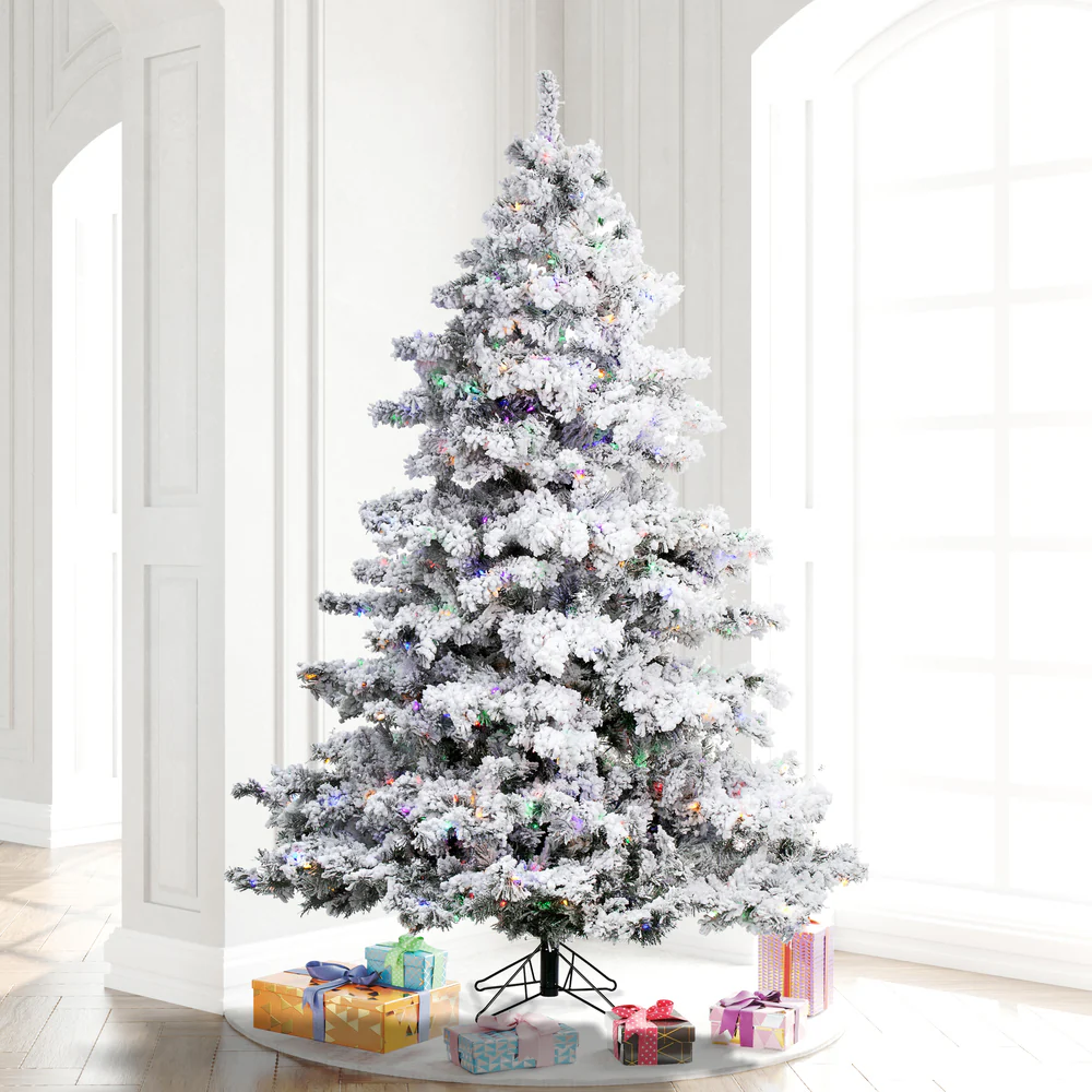 7'6"Hx68"W Flocked Alaskan Pine Artificial Christmas Tree, LED Pre-Lit (Multicolor) -White - Image 6