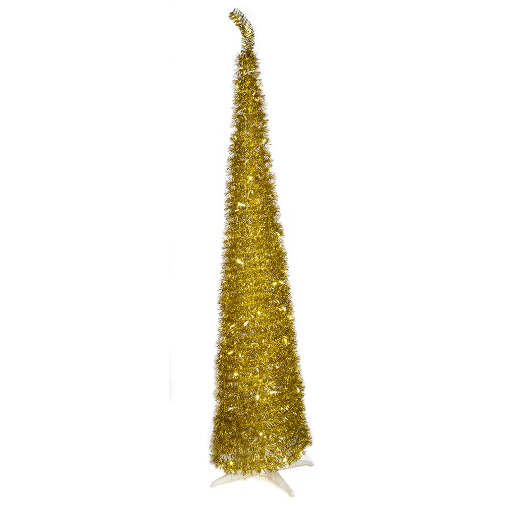7'Hx17"W Tinsel Pop Up Artificial Christmas Tree, LED Pre-Lit -Gold