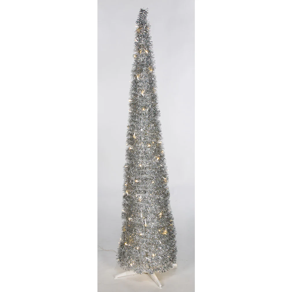 7'Hx17"W Tinsel Pop Up Artificial Christmas Tree, LED Pre-Lit -Silver