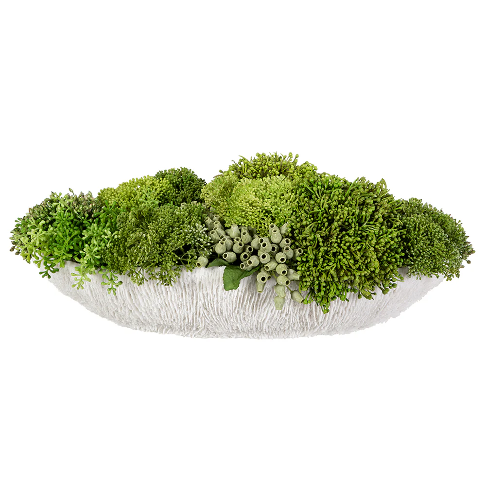7"Hx20"W Mixed Sedum Succulent Artificial Plant w/Coral Vase -Light/Green