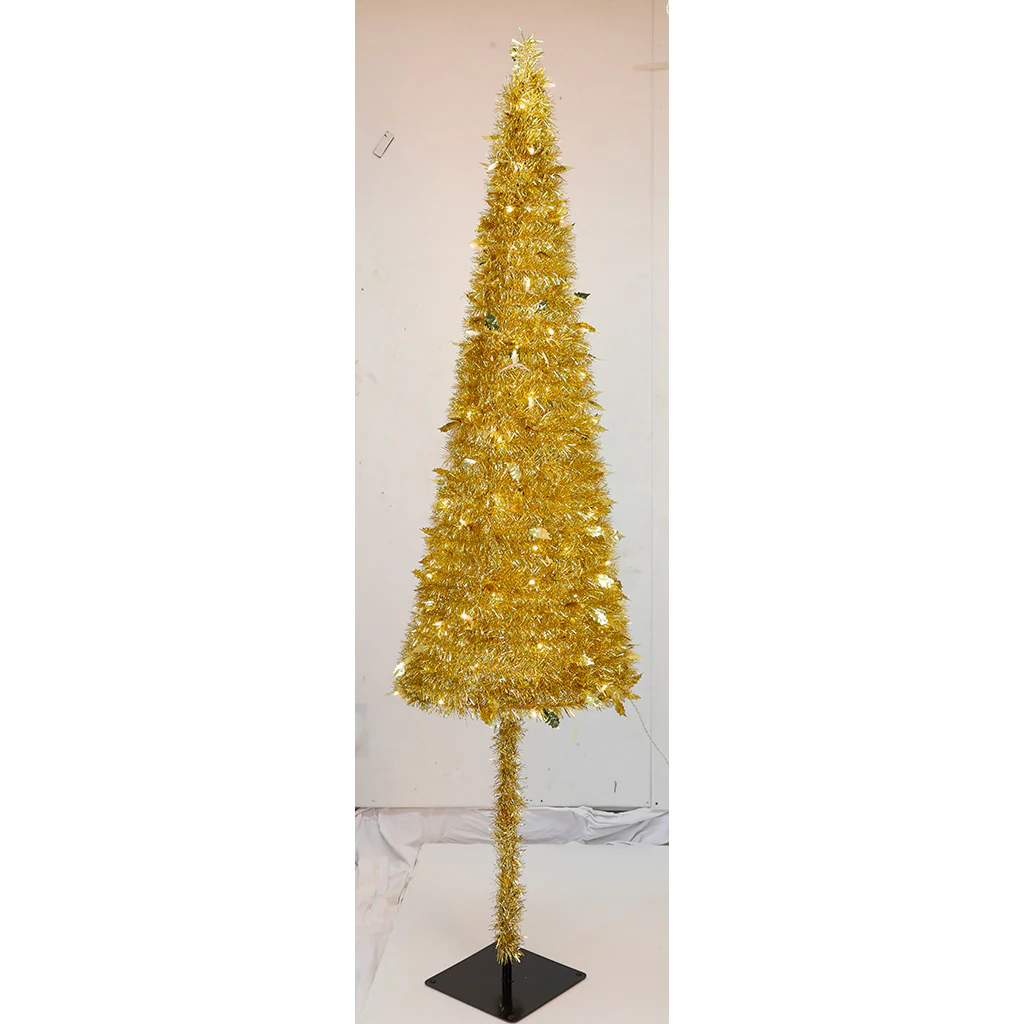 7'Hx20"W Tinsel & Foil Holly Leaves Pop Up Artificial Christmas Tree, LED Pre-Lit -Gold