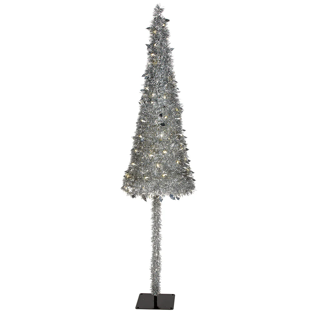 7'Hx20"W Tinsel & Foil Holly Leaves Pop Up Artificial Christmas Tree, LED Pre-Lit -Silver